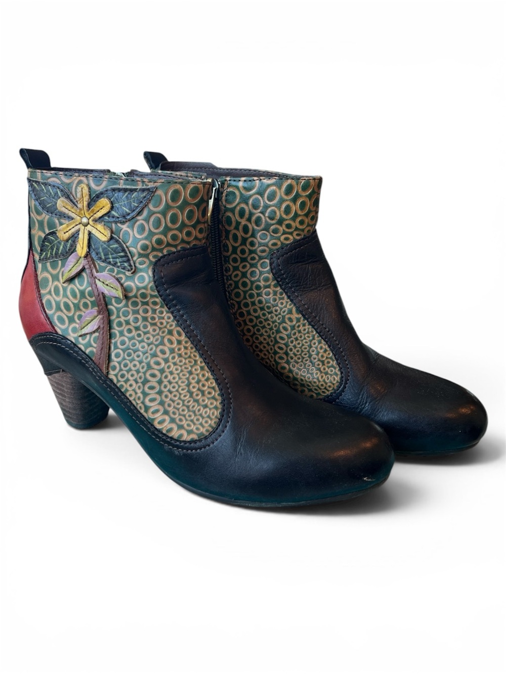 Embellished Leather Ankle Booties in Black and Green